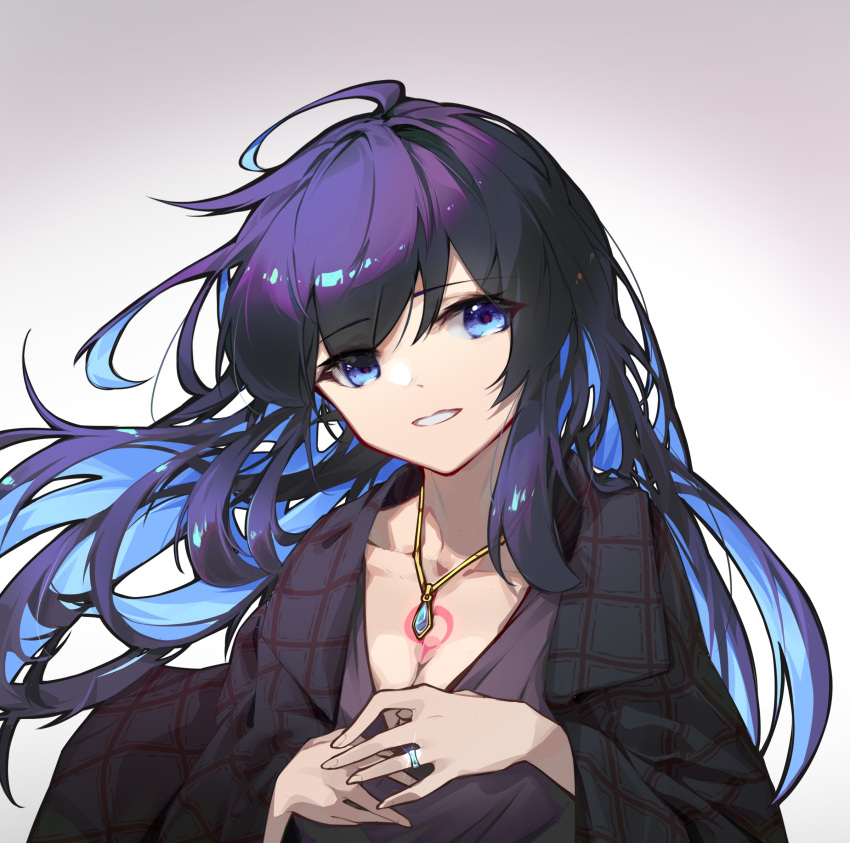 1girl black_jacket blue_eyes blue_hair blue_shirt breasts chest_tattoo cleavage colored_inner_hair commentary_request gradient_background highres honkai_(series) honkai_impact_3rd jacket jacket_on_shoulders jewelry large_breasts linxi looking_at_viewer multicolored_hair necklace ring seele_vollerei shirt simple_background smile solo tattoo upper_body