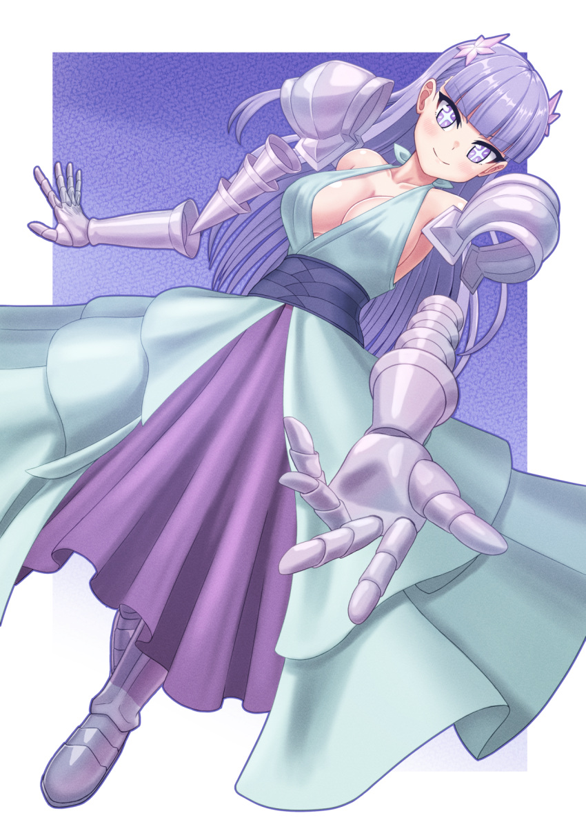 amputee aqua_dress armless_amputee armor armored_boots armored_gloves bare_shoulders blue_sash blunt_bangs boots breasts cleavage closed_mouth collarbone cross-shaped_pupils double_amputee dress els_(ljhlee12) flower hair_flower hair_ornament highres large_breasts long_hair looking_at_viewer pauldrons purple_eyes purple_hair purple_skirt ragna_crimson reaching reaching_towards_viewer sash shiny_skin shoulder_armor skirt sleeveless sleeveless_dress smile starlia_lese straight_hair symbol-shaped_pupils telekinesis very_long_hair