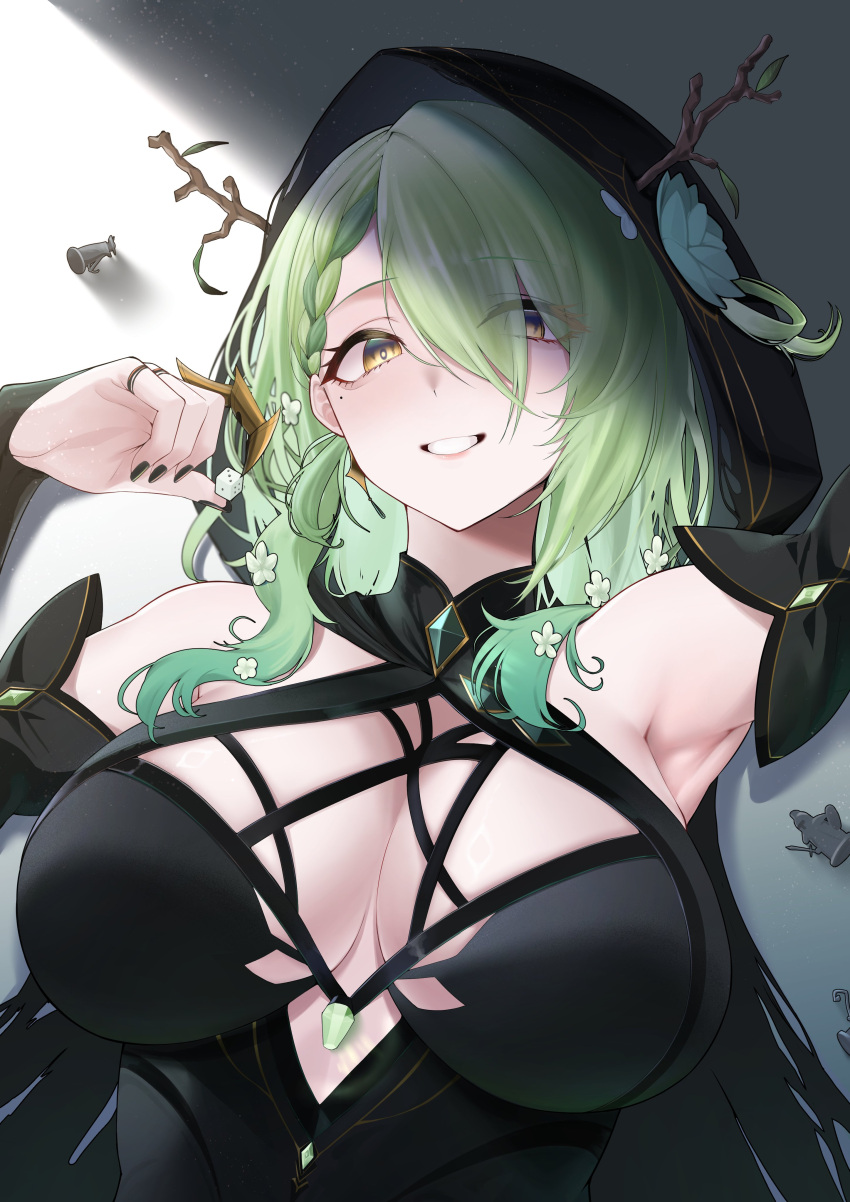 absurdres alternate_costume antlers armpits black_dress black_nails black_sleeves braid branch breasts ceres_fauna cleavage detached_sleeves dress flower green_eyes green_hair grey_hair hair_between_eyes hair_flower hair_ornament hair_over_one_eye highres hololive hololive_english horns jewelry large_breasts long_hair looking_at_viewer lying mintz912 mole mole_under_eye multiple_rings nail_polish on_back ring side_braid single_braid tree_horns veil very_long_hair virtual_youtuber