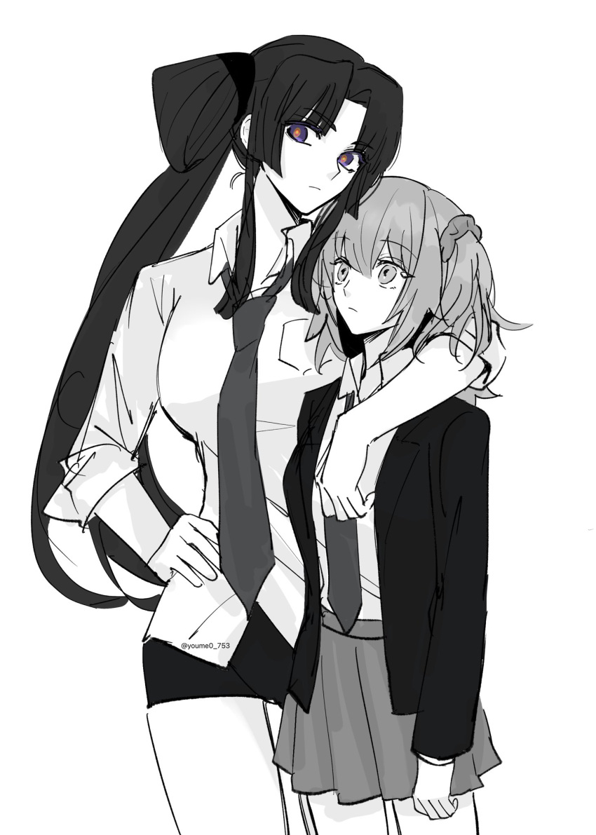 2girls arm_around_shoulder bike_shorts fate/grand_order fate_(series) fujimaru_ritsuka_(female) greyscale hair_ornament hair_scrunchie hand_on_own_hip highres jacket long_hair monochrome multiple_girls necktie one_side_up pleated_skirt purple_eyes school_uniform scrunchie side_ponytail skirt spot_color taira_no_kagekiyo_(fate) twitter_username ushiwakamaru_(fate) youme0_753