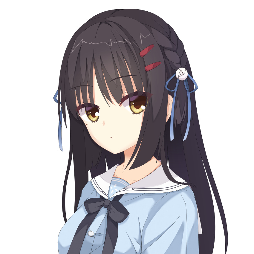 1girl :/ absurdres aged_down black_hair black_ribbon blue_ribbon blue_shirt braid cafe_stella_to_shinigami_no_chou close-up closed_mouth commentary_request eyes_visible_through_hair flower frown hair_between_eyes hair_flower hair_ornament hair_ribbon hairclip highres kaon_zz long_hair looking_at_viewer mole mole_under_eye ribbon sailor_collar school_uniform serafuku shiki_natsume shirt side_braid simple_background solo straight_hair tsurime white_background white_flower white_sailor_collar yellow_eyes