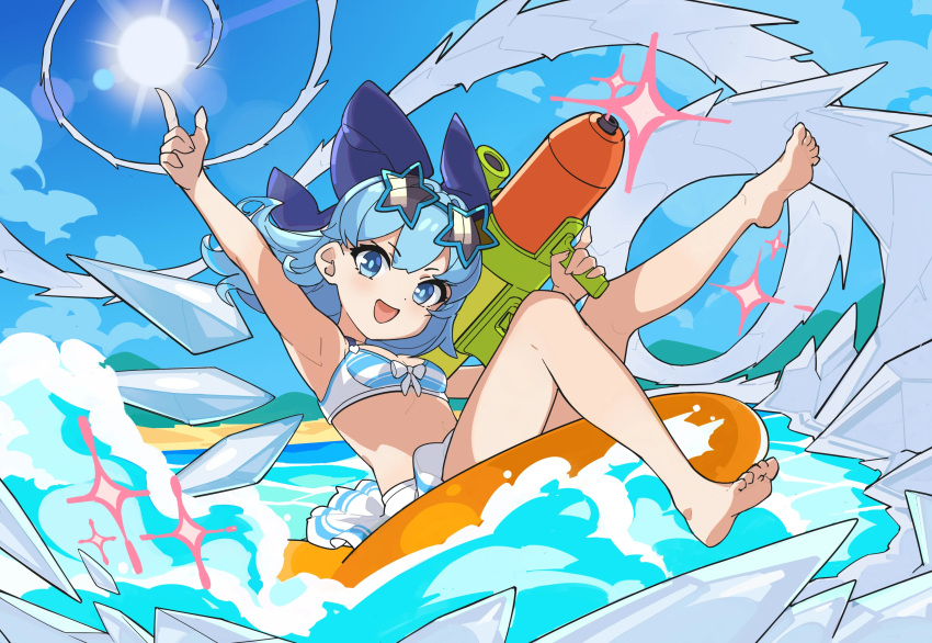 1girl :d absurdres afloat barefoot beach bikini blue_bikini blue_bow blue_eyes blue_hair bow breasts chinese_commentary cirno commentary_request day devilkillerx eyewear_on_head frilled_bikini frills hair_bow highres ice ice_wings looking_at_viewer novelty_glasses on_innertube open_mouth pointing short_hair small_breasts smile solo star-shaped_eyewear star_(symbol) sun swim_ring swimsuit touhou touhou_lost_branch_of_legend water water_gun wings