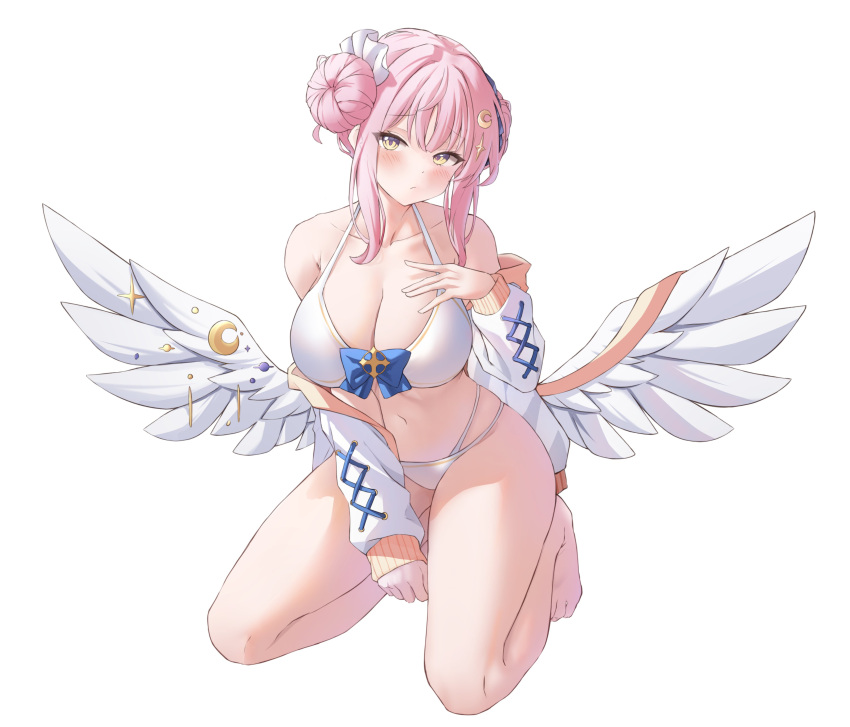 1girl absurdres angel_wings bare_legs bare_shoulders barefoot bikini blue_archive blush breasts cleavage closed_mouth collarbone crescent crescent_hair_ornament crescent_pin double_bun feathered_wings full_body hair_bun hair_ornament highres kneeling large_breasts long_sleeves looking_at_viewer mika_(blue_archive) pink_hair reneua shirt short_hair simple_background solo swimsuit white_background white_bikini white_shirt white_wings wings yellow_eyes