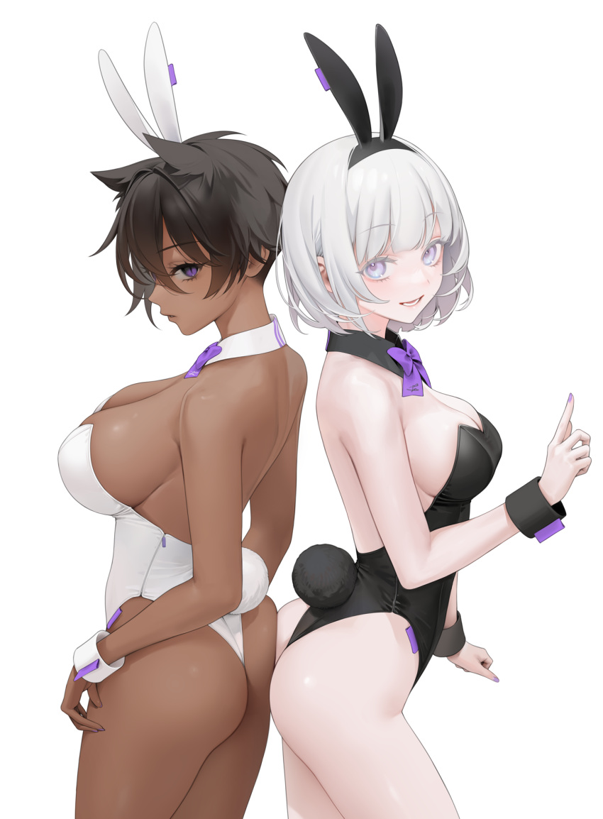 2girls animal_ears ass ass-to-ass bare_arms bare_legs bare_shoulders black_leotard bow breasts brown_hair dark-skinned_female dark_skin detached_collar fake_animal_ears hair_flaps highleg highleg_leotard highres large_breasts leotard looking_at_viewer looking_to_the_side medium_breasts micchan_(ohisashiburi) multiple_girls nacchan_(ohisashiburi) nail_polish ohisashiburi open_mouth original pale_skin playboy_bunny purple_eyes rabbit rabbit_ears rabbit_tail short_hair signature simple_background smile strapless strapless_leotard tail white_background white_hair white_leotard wrist_cuffs zipper