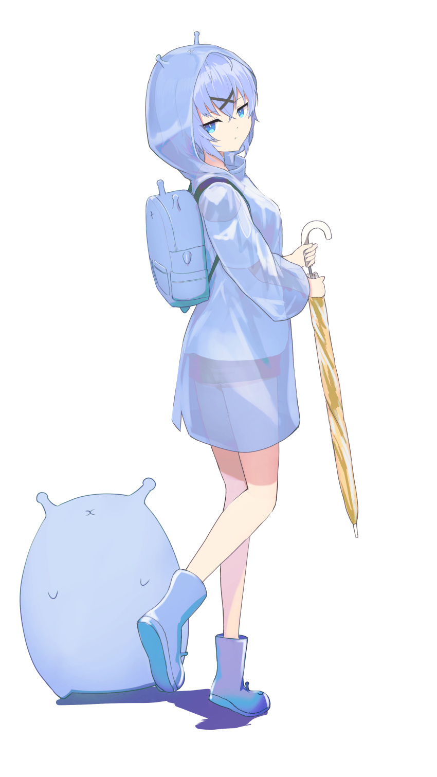 1girl absurdres backpack bag blue_eyes blue_hair full_body highres holding holding_umbrella looking_at_viewer namako_(namacotan) original raincoat red_shorts see-through see-through_coat short_hair shorts solo standing umbrella white_background