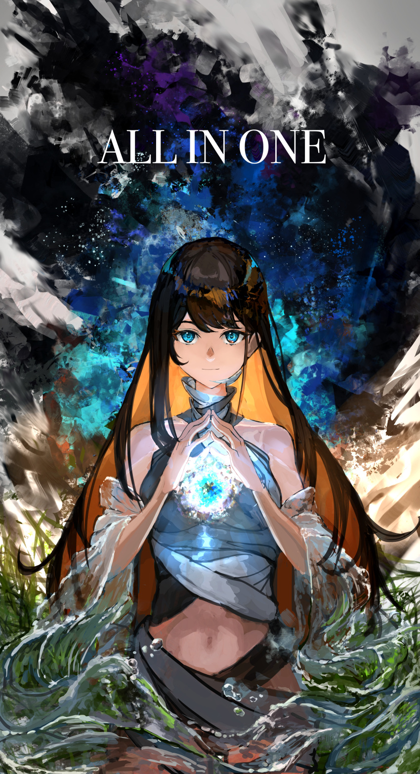1girl absurdres bare_shoulders black_hair blue_eyes breasts bubble closed_mouth colored_inner_hair cowboy_shot english_text halterneck hands_up highres kasumi_yuzuha light_smile long_hair looking_at_viewer multicolored_hair navel orange_hair original solo steepled_fingers very_long_hair water