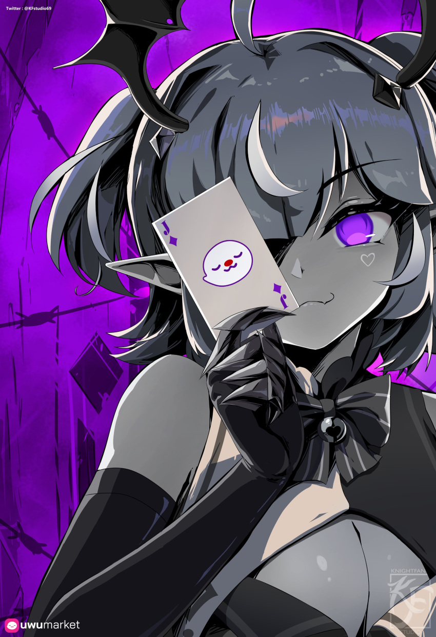 1girl absurdres ahoge artist_logo artist_name bow bowtie breasts camila_(vtuber) card cleavage cleavage_cutout closed_mouth clothing_cutout elbow_gloves facial_mark gloves greyscale_with_colored_background head_wings heart heart_facial_mark highres holding holding_card indie_virtual_youtuber jack_(playing_card) jack_of_diamonds knightfang multicolored_hair playing_card pointy_ears purple_eyes solo spot_color streaked_hair striped_bow striped_bowtie striped_clothes twitter_username upper_body virtual_youtuber wings