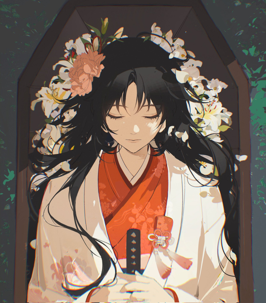 1girl black_hair chongzhen_085 closed_eyes closed_mouth facing_viewer floral_print floral_print_kimono flower hair_flower hair_ornament highres japanese_clothes kara_no_kyoukai kimono long_hair ryougi_shiki solo straight-on tassel upper_body