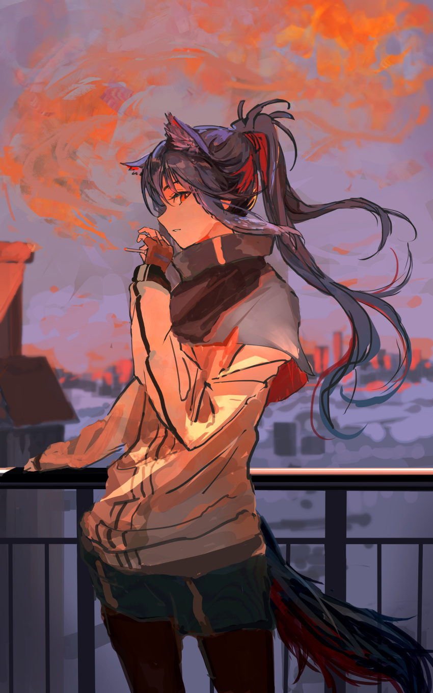 1girl absurdres animal_ear_fluff animal_ears arknights blue_hair capelet cigarette cowboy_shot extra_ears fingerless_gloves floating_hair gloves hand_on_railing hand_up highres holding holding_cigarette kasumi_yuzuha long_hair long_sleeves looking_at_viewer pantyhose red_eyes shorts sidelocks smoke smoking solo tail texas_(arknights) wolf_ears wolf_girl wolf_tail