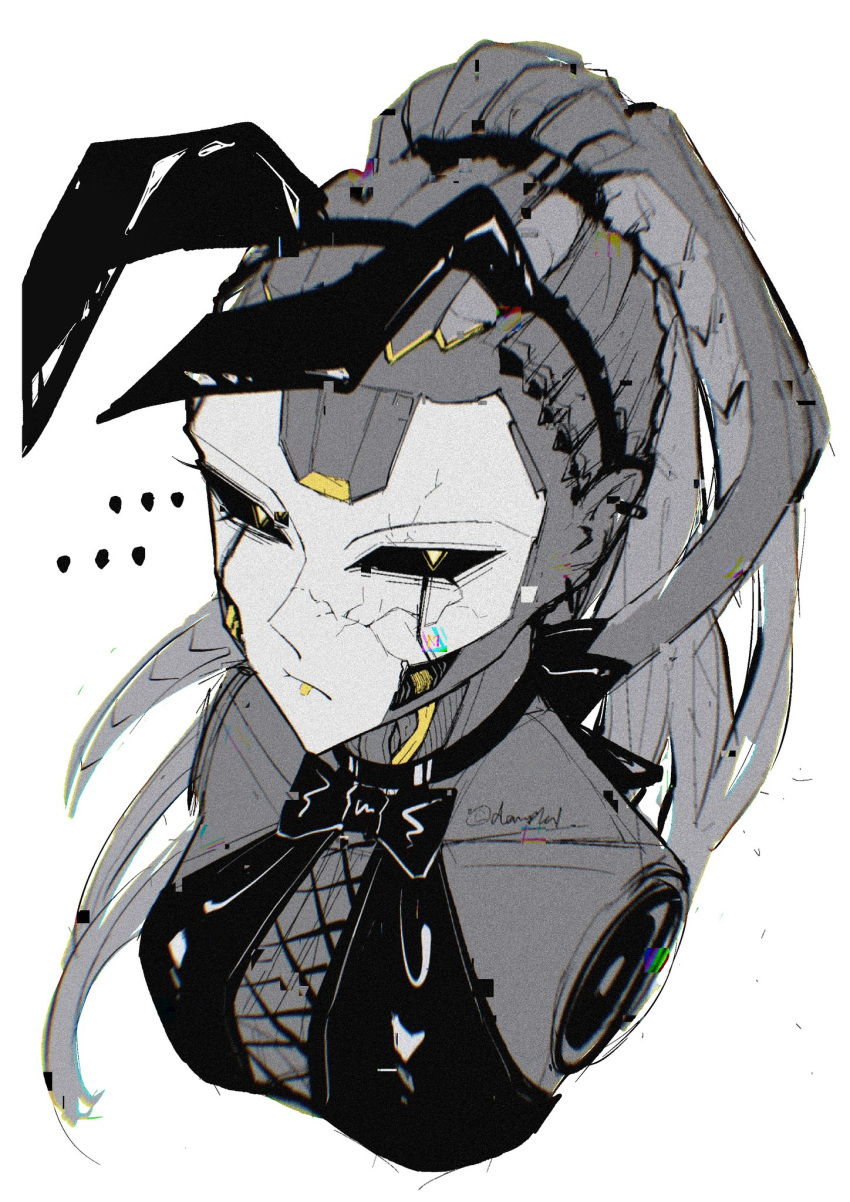 ... 1girl alternate_costume android animal_ears animification apex_legends ash_(titanfall_2) black_bow black_choker black_sclera black_shirt bow breasts cable_hair chinese_commentary choker collarbone colored_sclera cracked_skin danieldanlllll fake_animal_ears from_above frown halter_shirt halterneck highres medium_breasts metal_skin playboy_bunny ponytail portrait rabbit_ears shirt simulacrum_(titanfall) solo white_background yellow_eyes