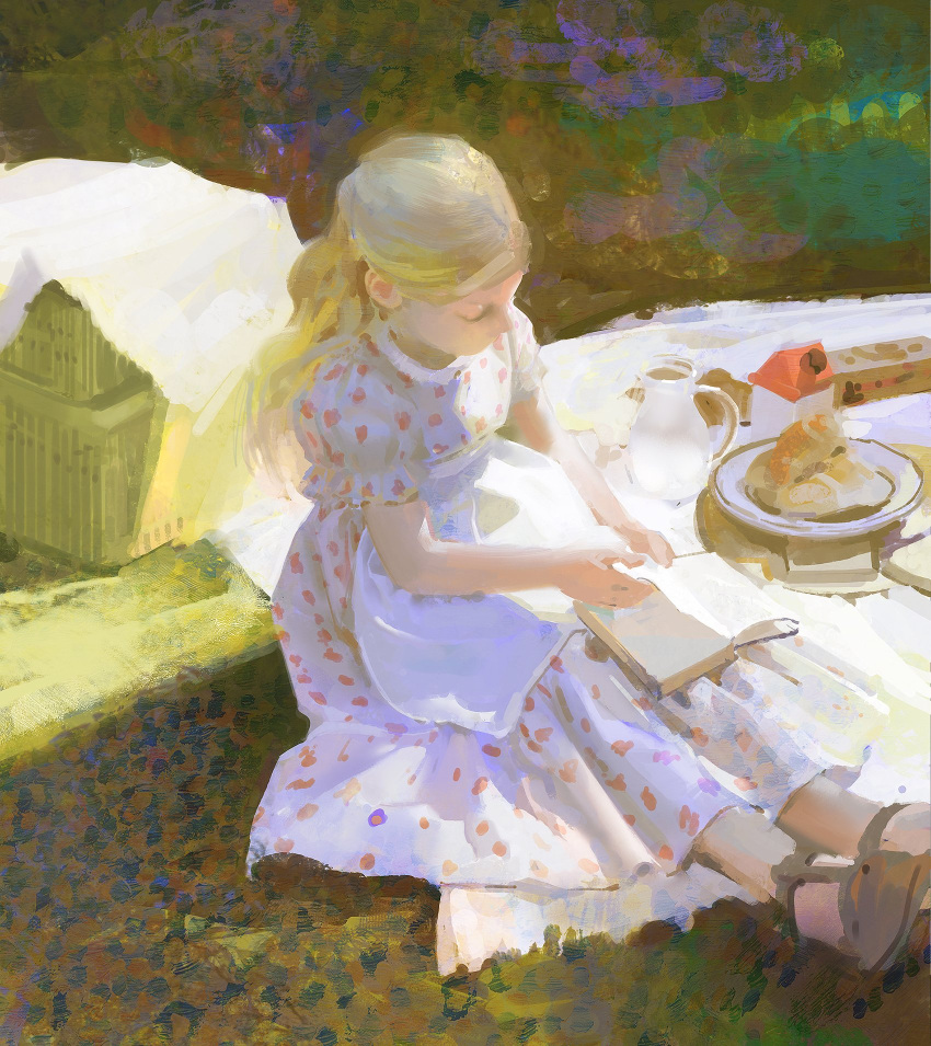 1girl blonde_hair book child closed_eyes closed_mouth commentary dappled_sunlight dress english_commentary faux_traditional_media flower food grass highres holding long_hair open_book original outdoors picnic pitcher_(container) plate polka_dot print_dress puffy_short_sleeves puffy_sleeves realistic short_sleeves sitting solo sunlight teapot white_dress yuming_li