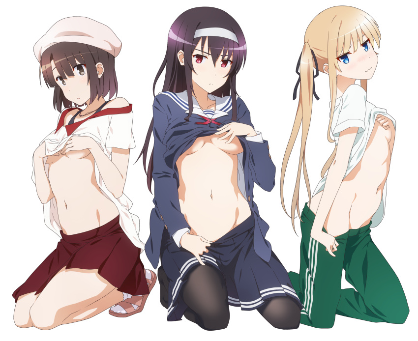 3girls black_hair black_pantyhose blonde_hair blue_eyes breasts brown_eyes brown_hair clothes_lift clothes_pull commentary_request covering_breasts covering_privates groin gym_shirt hand_on_own_chest hands_on_own_chest highres kasumigaoka_utaha katou_megumi kneeling lifted_by_self long_hair long_sleeves looking_at_viewer medium_breasts midiman multiple_girls navel no_bra pants pants_pull pantyhose pulled_by_self red_eyes saenai_heroine_no_sodatekata sawamura_spencer_eriri school_uniform shirt shirt_lift short_hair simple_background skirt skirt_pull small_breasts track_pants transparent_background twintails underboob
