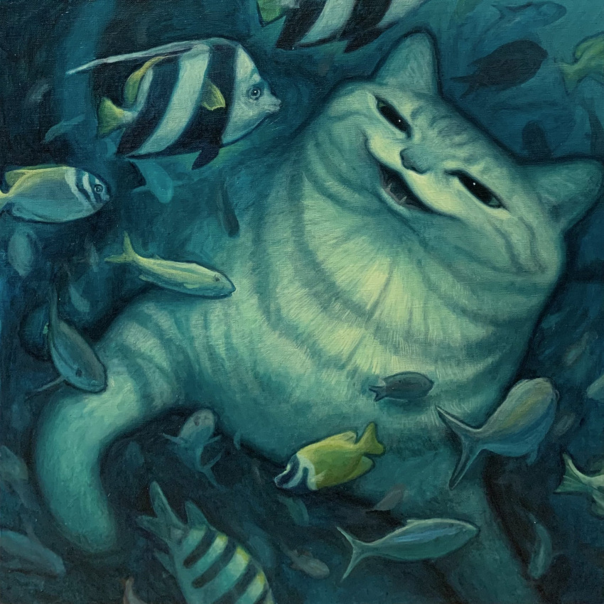 animal animal_focus cat commentary_request fish highres karin_hosono looking_at_animal no_humans open_mouth original painting_(medium) realistic traditional_media underwater