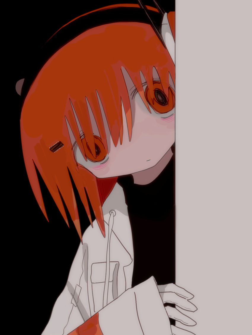 1girl a.i._voice adachi_rei around_corner black_background black_shirt closed_mouth drawstring expressionless gloves hair_ornament hair_over_eyes highres jacket long_bangs long_sleeves looking_at_viewer medium_hair open_clothes open_jacket orange_eyes orange_hair peeking_out shino_(4no_0) shirt sleeves_past_wrists solo utau white_gloves white_jacket