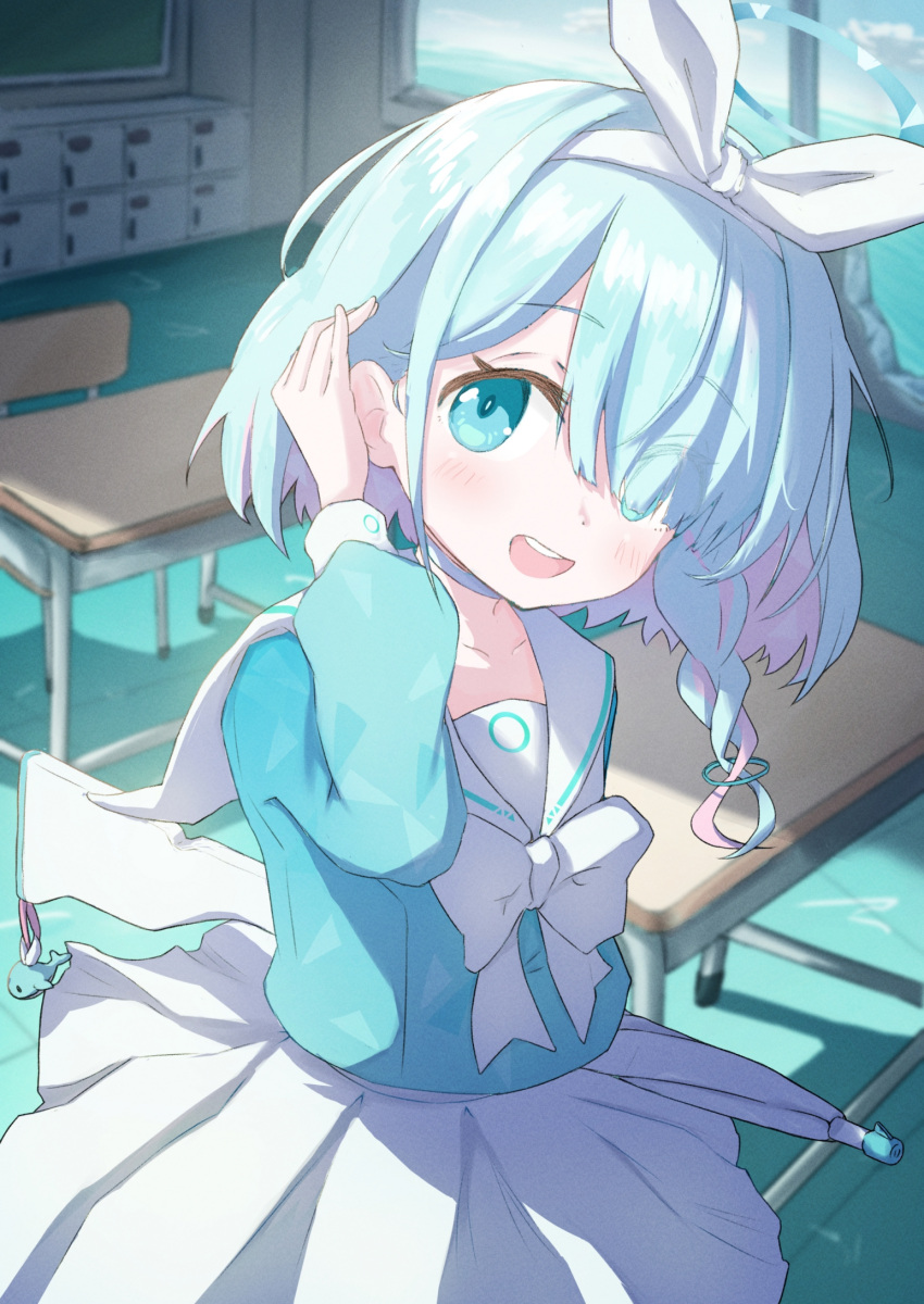 1girl :d arm_up arona_(blue_archive) blue_archive blue_eyes blue_hair blue_shirt blurry blush bow bow_hairband bowtie braid chair chalkboard choker classroom colored_inner_hair commentary_request desk getabako hair_over_one_eye hair_over_shoulder hairband halo highres holding holding_umbrella long_sleeves looking_at_viewer medium_hair meluwow multicolored_hair navel open_mouth pink_hair sailor_collar school_chair school_desk school_uniform serafuku shirt skirt smile solo two-tone_hair umbrella wet_floor white_bow white_bowtie white_choker white_sailor_collar white_skirt