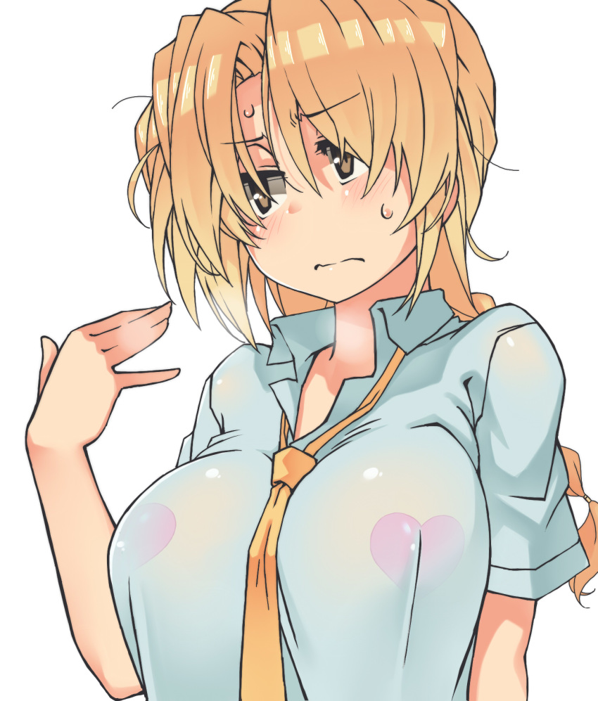 blonde_hair blush braid breasts brown_eyes commentary heart highres kaitou_reiko large_breasts light_brown_hair long_hair necktie original oteruko_(wanabeee) pasties school_uniform shirt short_sleeves solo sweatdrop