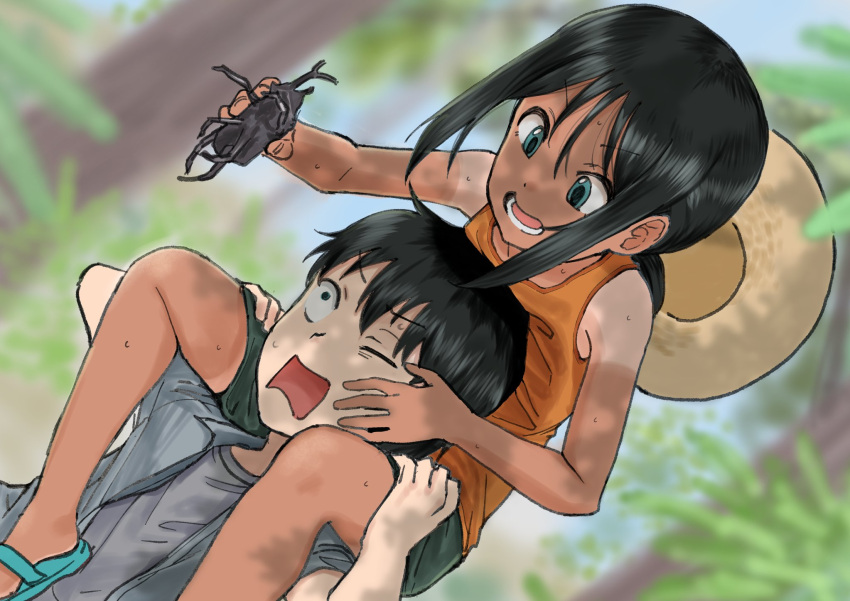 1boy 1girl beetle black_hair blue_eyes blurry blurry_background bug carrying constricted_pupils cousins dark-skinned_female dark_skin dutch_angle hat highres holding inu_chikushou itoko_no_ko looking_down low_ponytail official_art one_eye_closed open_mouth orange_tank_top outdoors piggyback ponytail rhinoceros_beetle sandals scared shirt short_hair shorts sweat tan tank_top tanlines tomboy