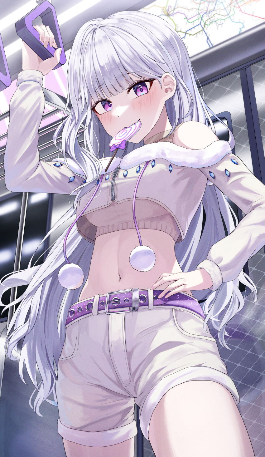 1girl absurdres arch_a4 bare_shoulders belt blush candy crop_top cropped_jacket eating food food_in_mouth fur-trimmed_jacket fur_trim hand_on_own_hip highres ine_(vtuber) jacket lollipop long_hair long_sleeves looking_at_viewer navel purple_belt purple_eyes shorts sleeveless solo stomach swirl_lollipop train_interior virtual_youtuber waktaverse white_hair white_shorts zipper_pull_tab