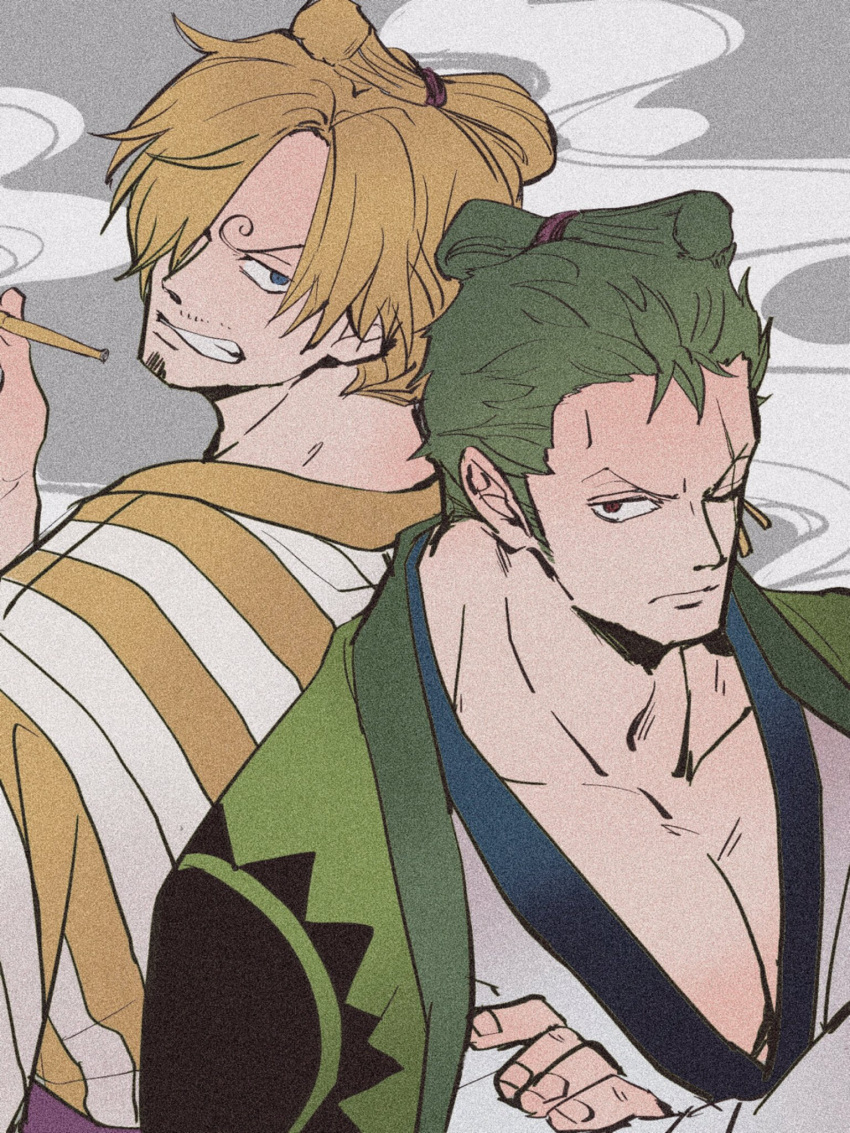 2boys abunaideka back-to-back blonde_hair chonmage crossed_arms curly_eyebrows earrings facial_hair goatee green_hair green_kimono grey_background hair_over_one_eye highres japanese_clothes jewelry kimono kimono_on_shoulders looking_at_viewer male_focus multiple_boys mustache one_piece roronoa_zoro sanji_(one_piece) scar scar_across_eye sideburns simple_background smoke striped_clothes striped_kimono topknot upper_body v-shaped_eyebrows vertical-striped_clothes vertical-striped_kimono yellow_kimono