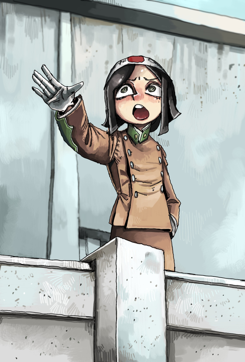 1girl absurdres arm_up balcony black_hair brown_jacket buttons genderswap genderswap_(mtf) gloves hachimaki headband highres imperial_japanese_army jacket liskim military military_uniform mishima_yukio mole open_mouth real_life short_hair standing teeth uniform white_gloves