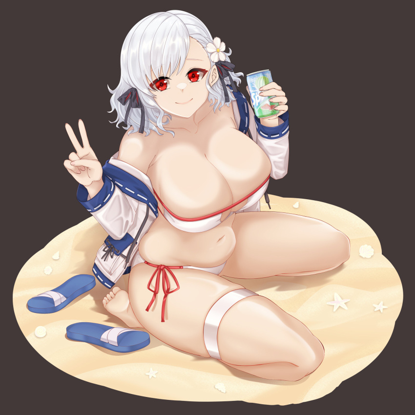 1girl bare_shoulders bikini black_ribbon breasts can cleavage collarbone commission drink_can girls'_frontline hair_ribbon highres holding holding_can jacket kneeling large_breasts looking_at_viewer navel official_alternate_costume plump red_eyes ribbon samsam_s2s side-tie_bikini_bottom soda soda_can solo spas-12_(girls'_frontline) spas-12_(midsummer_fruit)_(girls'_frontline) stomach swept_bangs swimsuit thighs twintails v wet wet_clothes white_bikini white_hair white_jacket