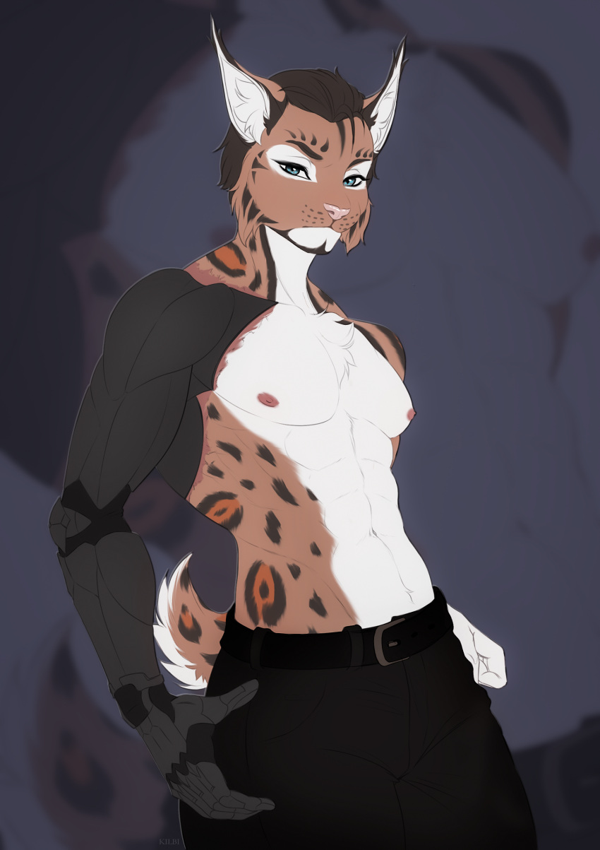 2024 abs alternate_form alternate_species anthro athletic athletic_anthro athletic_male belt blurred_background bottomwear brown_body brown_fur chest_tuft clothed clothing cybernetic_arm cybernetic_eye cybernetic_limb cybernetics ear_tuft felid feline fur furrification grey_eyes hair hi_res inner_ear_fluff kilbi lynx machine maks_(maks_hunt) male mammal markings navel nipples orange_markings orange_spots pants scar short_hair short_tail spots standing tail tuft white_body white_fur