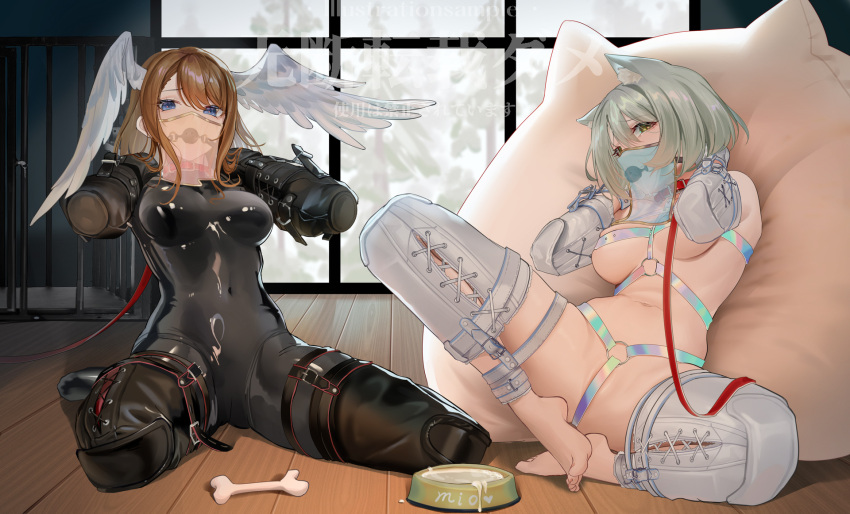 2girls animal_collar animal_ears ball_gag barefoot bdsm belt black_bodysuit blue_eyes bodysuit bondage bondage_outfit bone bound bowl breasts brown_hair cage cat_ears cat_girl censored character_name collar commentary_request covered_navel cum cum_in_bowl cum_in_container eunie_(xenoblade) fh_moya full_body gag grey_hair hair_between_eyes head_wings heart highres indoors leash long_hair medium_breasts medium_hair mio_(xenoblade) mouth_veil multiple_girls nude o-ring pet_bowl pet_play pillow pussy restrained sitting skin_tight translation_request veil wariza watermark wings xenoblade_chronicles_(series) xenoblade_chronicles_3