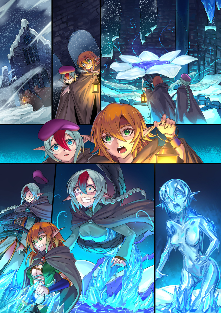 2girls absurdres braid breasts clenched_teeth cloak commission elf english_commentary flower frozen green_eyes green_hair hat headband highres holding holding_lantern ibenz009 ice ice_crystal lantern long_hair medium_breasts multicolored_hair multiple_girls open_mouth orange_hair original petrification pointy_ears red_hair ruins snow teeth two-tone_hair wide-eyed wind