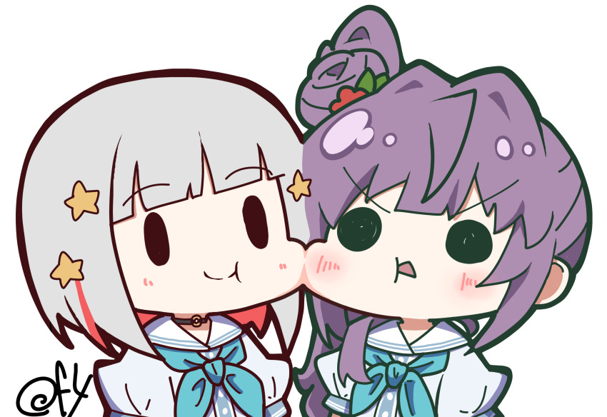 2girls :&lt; absurdres aqua_neckerchief black_choker blue_dress blush bob_cut cheek-to-cheek chibi chibi_only choker closed_mouth colored_inner_hair commentary_request diagonal_bangs dress flower grey_hair hair_bun hair_flower hair_ornament hasu_no_sora_school_uniform heads_together highres inverted_bob link!_like!_love_live! long_hair love_live! multicolored_hair multiple_girls neckerchief o-ring o-ring_choker oofushi_ao open_mouth otomune_kozue purple_hair red_flower red_hair sailor_collar sailor_dress school_uniform short_hair short_sleeves side_ponytail single_side_bun smile solid_circle_eyes solid_oval_eyes split_mouth star_(symbol) star_hair_ornament streaked_hair summer_uniform v-shaped_eyebrows white_sailor_collar yugiri_tsuzuri