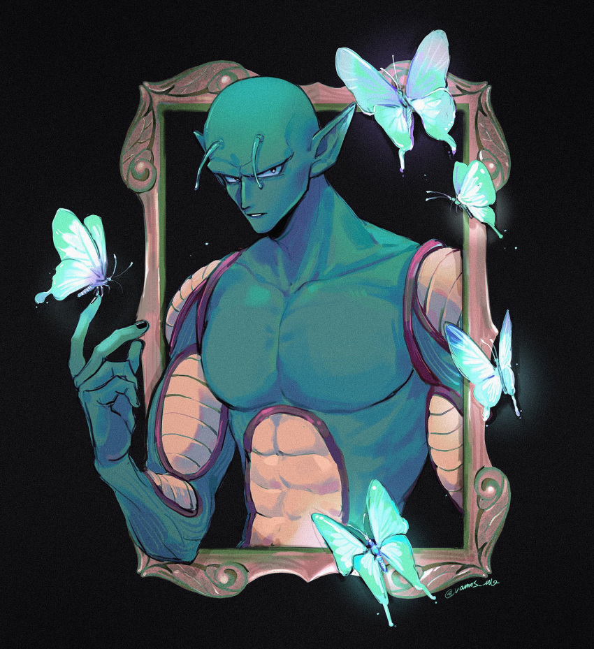 1boy abs antennae aqua_butterfly bald black_background black_eyes black_nails blue_butterfly bug butterfly butterfly_on_hand collarbone colored_skin dragon_ball dragon_ball_z glowing_butterfly green_skin highres male_focus muscular namekian no_nipples nude parted_lips pectorals piccolo picture_frame pointy_ears signature solo teeth upper_body v-shaped_eyebrows vamos_mk white_butterfly