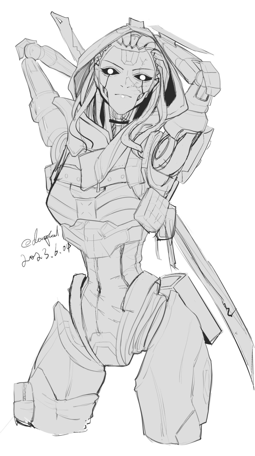 1girl android apex_legends armpits ash_(titanfall_2) cable_hair cowboy_shot cracked_skin danieldanlllll dated frown greyscale head_tilt highres hood hood_up hooded_leotard looking_at_viewer monochrome sketch solo sword twitter_username v-shaped_eyebrows weapon weapon_on_back white_background