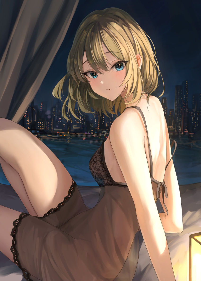 1girl babydoll bare_shoulders blue_eyes breasts brown_hair city_lights dress green_eyes groin heterochromia highres idolmaster idolmaster_cinderella_girls lantern looking_at_viewer medium_breasts mole mole_under_eye no_panties nyome991 open_mouth see-through see-through_dress short_hair sitting skyline solo takagaki_kaede thighs