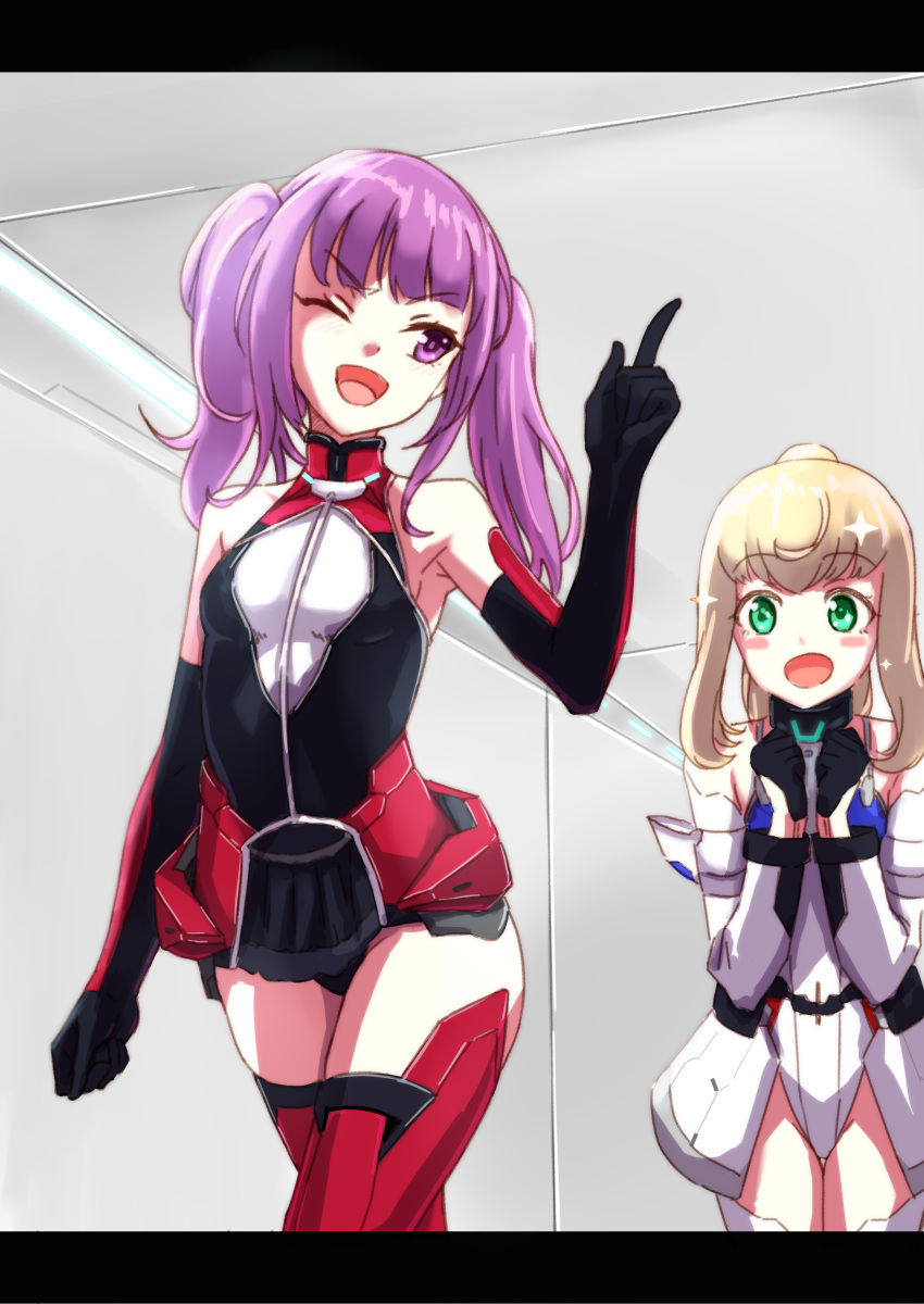 2girls absurdres alice_gear_aegis blonde_hair blush_stickers breasts commentary_request elbow_gloves gloves green_eyes highres ichijou_ayaka index_finger_raised indoors leotard long_hair looking_at_another multiple_girls mutsumura_ryuuichi noelle_francesca one_eye_closed open_mouth purple_eyes small_breasts smile thighhighs twintails