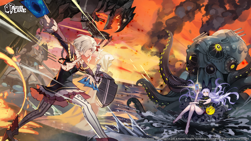 2girls animal_ear_headwear april_fools arm_up azur_lane bare_legs black_dress black_panties blonde_hair blush breasts card clenched_teeth crossed_legs curly_hair drawing_(object) dress duel duel_disk duel_monster facing_viewer fiery_background fire floating floating_hair frilled_dress frills from_behind from_side full_body glowing_card half-closed_eyes hand_on_own_knee hermes_(azur_lane) high_heels highres holding holding_card hungry_clicker long_hair looking_at_another mecha medium_hair midair monster multiple_girls non-web_source observer_alpha_(azur_lane) ocean official_art outdoors outstretched_arm panties parody red_eyes rigging robot rudder_footwear serious siren_(azur_lane) sitting small_breasts smug splashing standing standing_on_liquid striped_clothes striped_panties striped_thighhighs sunset teeth thighhighs underwear upskirt vertical-striped_clothes vertical-striped_thighhighs very_long_hair white_hair wing_hair_ornament yellow_eyes