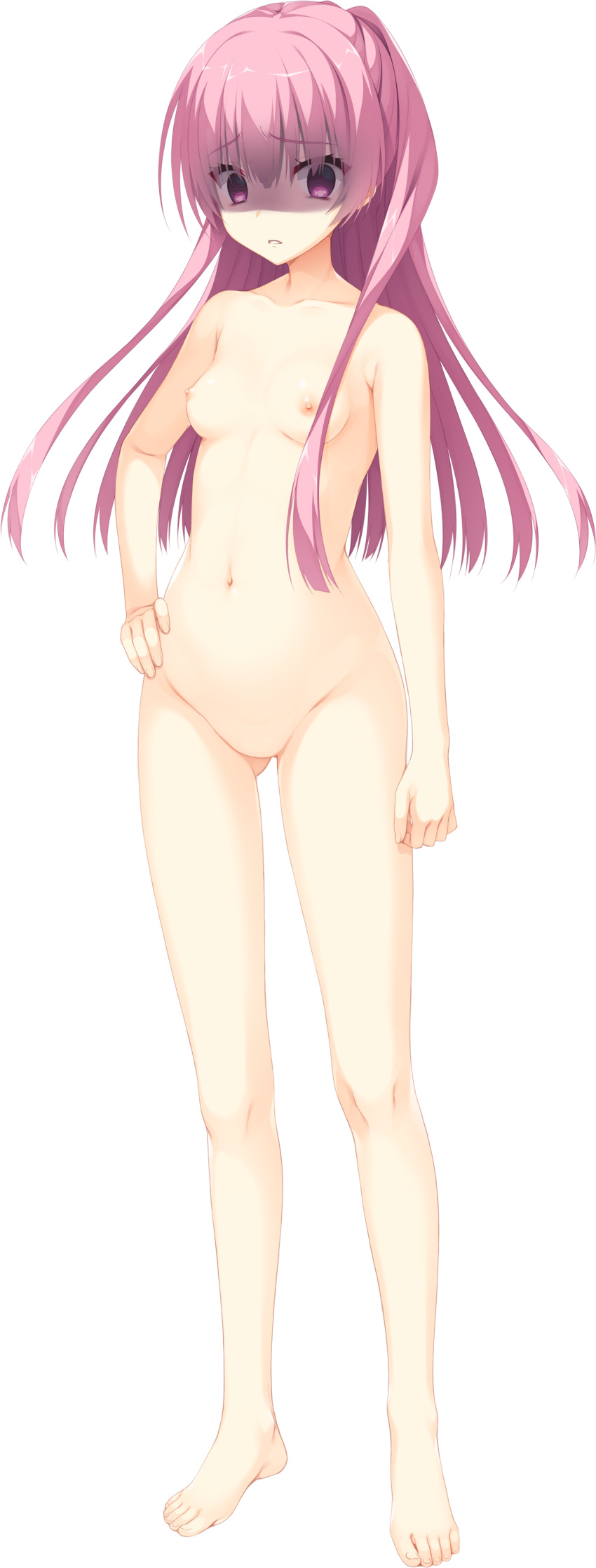 absurdres ass_visible_through_thighs barefoot breasts collarbone empty_eyes eyebrows_visible_through_hair full_body hand_on_hip highres kobuichi long_hair looking_at_viewer mitsukasa_ayase navel nipples no_pussy non-web_source nude official_art parted_lips pink_eyes pink_hair riddle_joker shaded_face small_breasts solo standing transparent_background