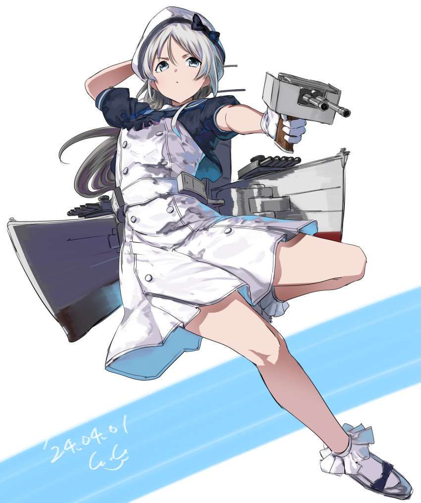 1girl absurdres adapted_turret black_neckerchief blue_eyes blue_sailor_collar blush bobby_socks cannon dress frilled_socks frills full_body gegeron gloves grey_hair hat highres javelin_(kancolle) kantai_collection long_hair looking_at_viewer mary_janes neckerchief rigging sailor_collar sailor_dress sailor_hat shoes short_sleeves simple_background smile socks solo torpedo_launcher white_dress white_gloves white_hat