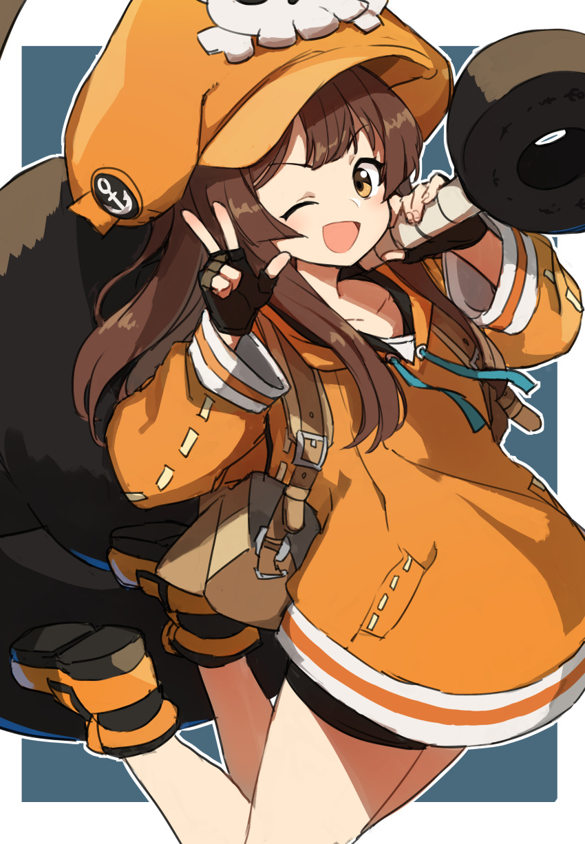 absurdres anchor bike_shorts cabbie_hat fingerless_gloves gazacy_(dai) gloves guilty_gear guilty_gear_strive hat hat_ornament highres holding holding_anchor hood hoodie may_(guilty_gear) orange_footwear orange_hat orange_hoodie skull_and_crossbones skull_hat_ornament