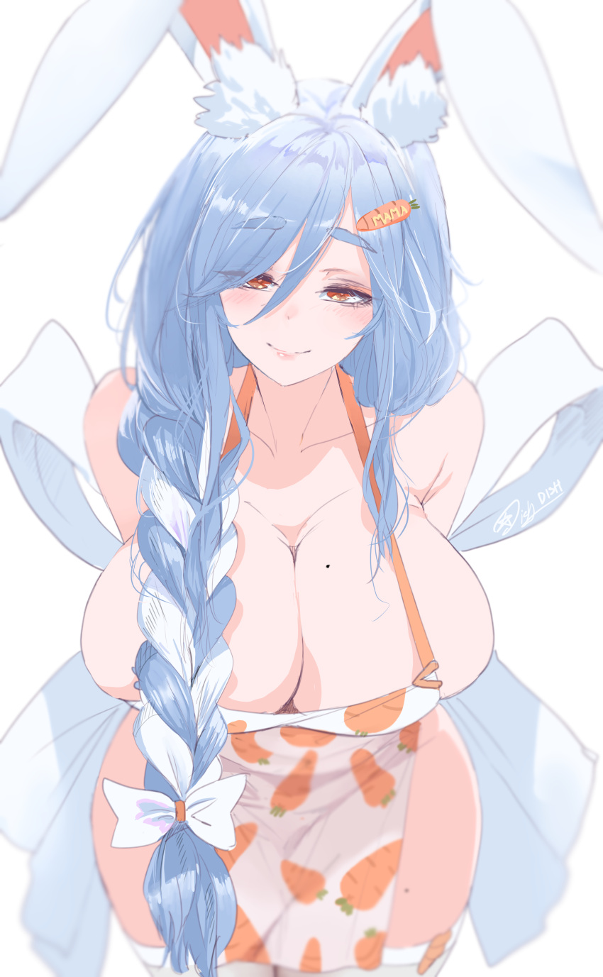 1girl absurdres animal_ears apron bare_shoulders blue_hair blush breasts carrot_hair_ornament carrot_print cleavage collarbone commentary dishwasher1910 food-themed_hair_ornament food_print hair_ornament highres hololive large_breasts light_blue_hair long_hair looking_at_viewer mature_female orange_eyes pekomama rabbit_ears rabbit_girl short_eyebrows smile solo thick_eyebrows white_apron