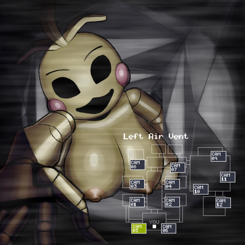 absurd_res animatronic anthro areola avian big_breasts bird black_eyes breasts camera_view chicken empty_eyes female five_nights_at_freddy's five_nights_at_freddy's_2 galliform gallus_(genus) ganmakurel head_feathers head_tuft hi_res looking_at_viewer machine nipples orange_areola orange_nipples phasianid reaching_towards_viewer robot rosy_cheeks scottgames smile solo toy_chica_(fnaf) tuft ventilation ventilation_shaft yellow_body