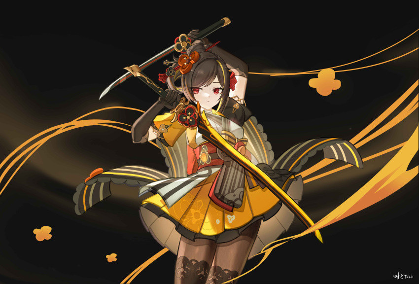 1girl absurdres arm_up artist_name black_background black_gloves black_hair black_pantyhose chiori_(genshin_impact) closed_mouth commentary_request dark_background dual_wielding elbow_gloves gaiters genshin_impact gloves grey_kimono hair_ornament hair_stick hand_up highres holding holding_sword holding_weapon japanese_clothes kimono looking_at_viewer multicolored_hair orange_hair pantyhose parted_bangs red_eyes red_sash sash shiqi_tokii short_kimono side_ponytail simple_background solo streaked_hair sword thighhigh_gaiters thighhighs thighhighs_over_pantyhose weapon yellow_kimono