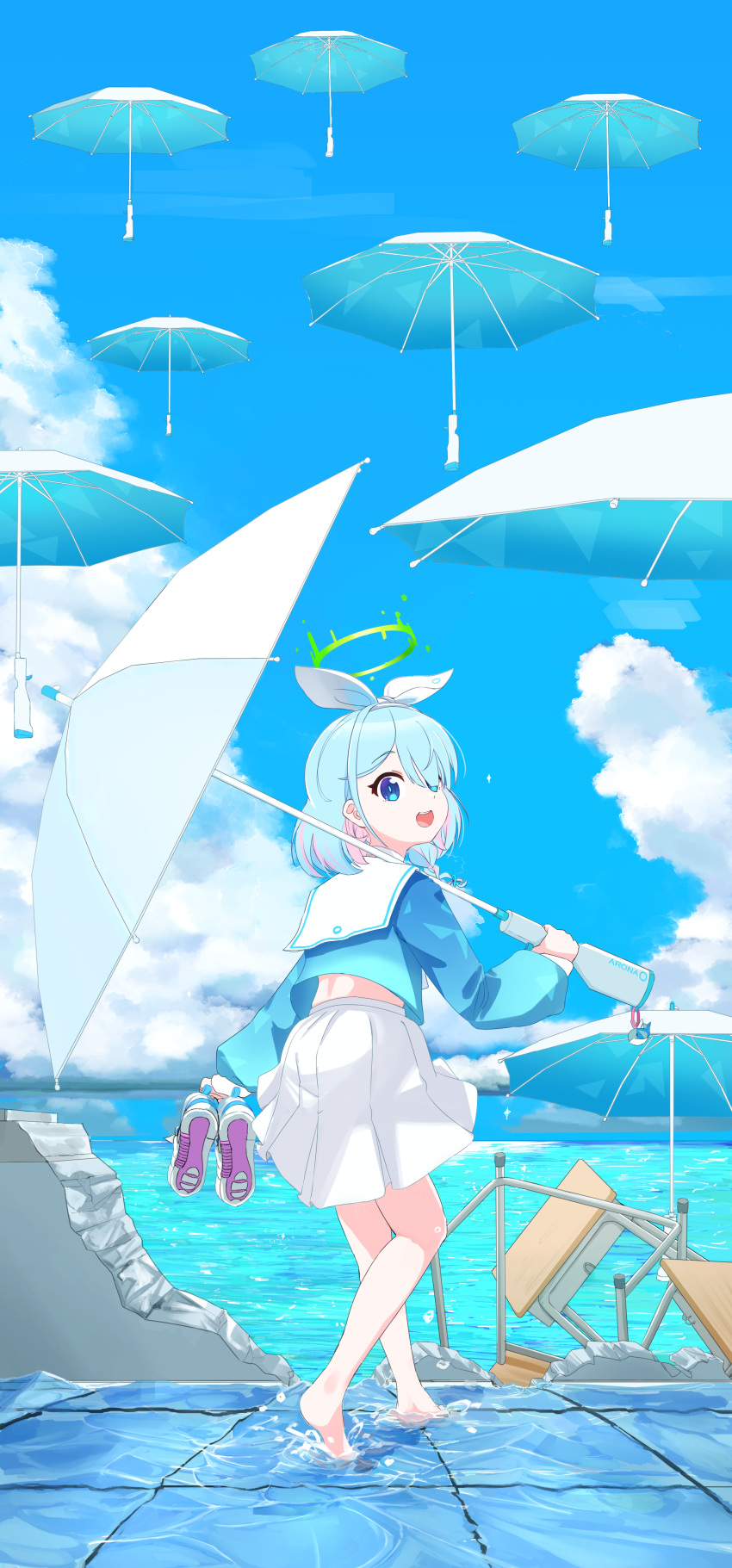 1girl absurdres arona_(blue_archive) asayakesan barefoot blue_archive blue_eyes blue_hair blue_shirt blue_sky bow bow_hairband braid cloud colored_inner_hair commentary_request cumulonimbus_cloud desk floating floating_object from_behind full_body hair_over_one_eye hairband halo highres holding holding_shoes holding_umbrella looking_to_the_side medium_hair midriff multicolored_hair multiple_umbrellas ocean open_mouth pink_hair sailor_collar school_desk school_uniform serafuku shirt shoes single_braid skirt sky solo umbrella wet_floor white_bow white_hairband white_sailor_collar white_skirt