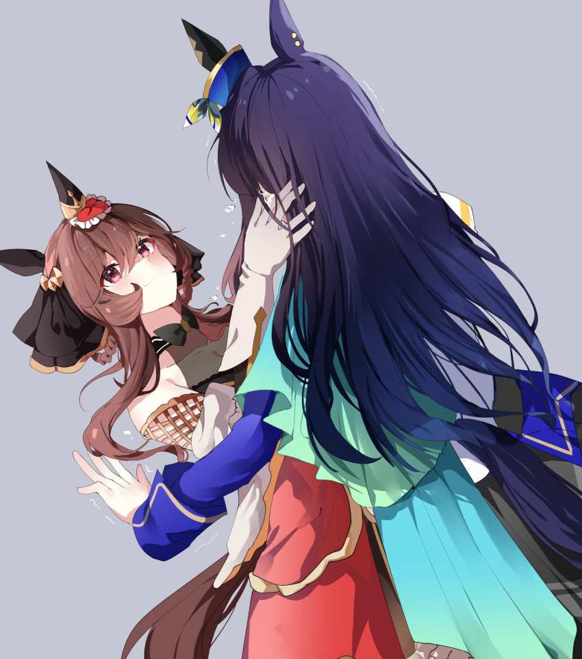 2girls animal_ears black_bow black_ribbon blue_hair bow braided_hair_rings breasts brown_hair commentary dark_blue_hair ear_covers ear_ornament gentildonna_(umamusume) grey_background hair_ribbon heart-shaped_ornament heart_ear_ornament highres horse_ears horse_girl horse_tail large_breasts long_hair multiple_girls red_eyes ribbon sb_(akagikeai) simple_background single_ear_cover tail trembling umamusume verxina_(umamusume)