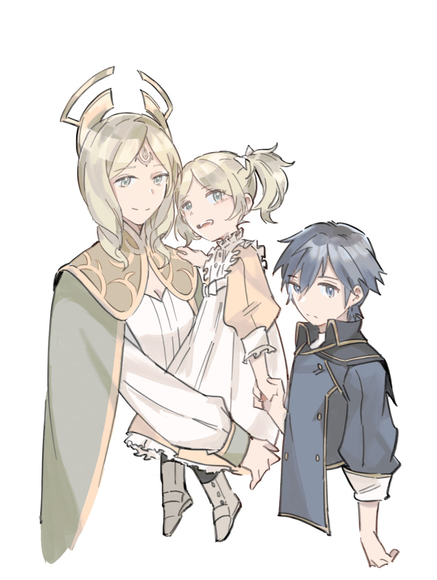 1boy 2girls aged_down blonde_hair blue_eyes blue_hair chrom_(fire_emblem) emmeryn_(fire_emblem) fire_emblem fire_emblem_awakening highres lissa_(fire_emblem) multiple_girls queqiansuzume siblings twintails