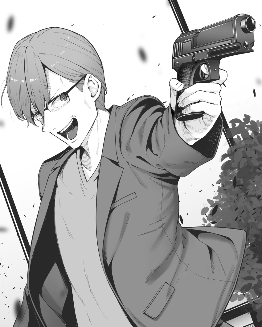 1boy absurdres bush finger_on_trigger glasses greyscale gun highres holding holding_gun holding_weapon jacket leaf looking_at_another male_focus monochrome nukigee_mitai_na_shima_ni_sunderu_watashi_wa_dou_surya_ii_desu_ka? open_mouth pointing_weapon shiranami_ryuji shirt short_hair solo teeth teshima_toshihide tongue upper_body weapon