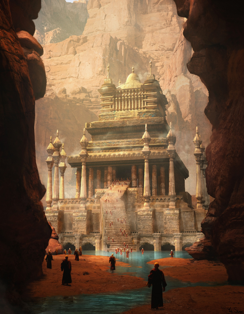 architecture building canyon cliff column concept_art day desert east_asian_architecture fantasy field highres hill lake landscape mountain original outdoors pillar river rock scenery shrine stairs temple valley yutaabeshimpo