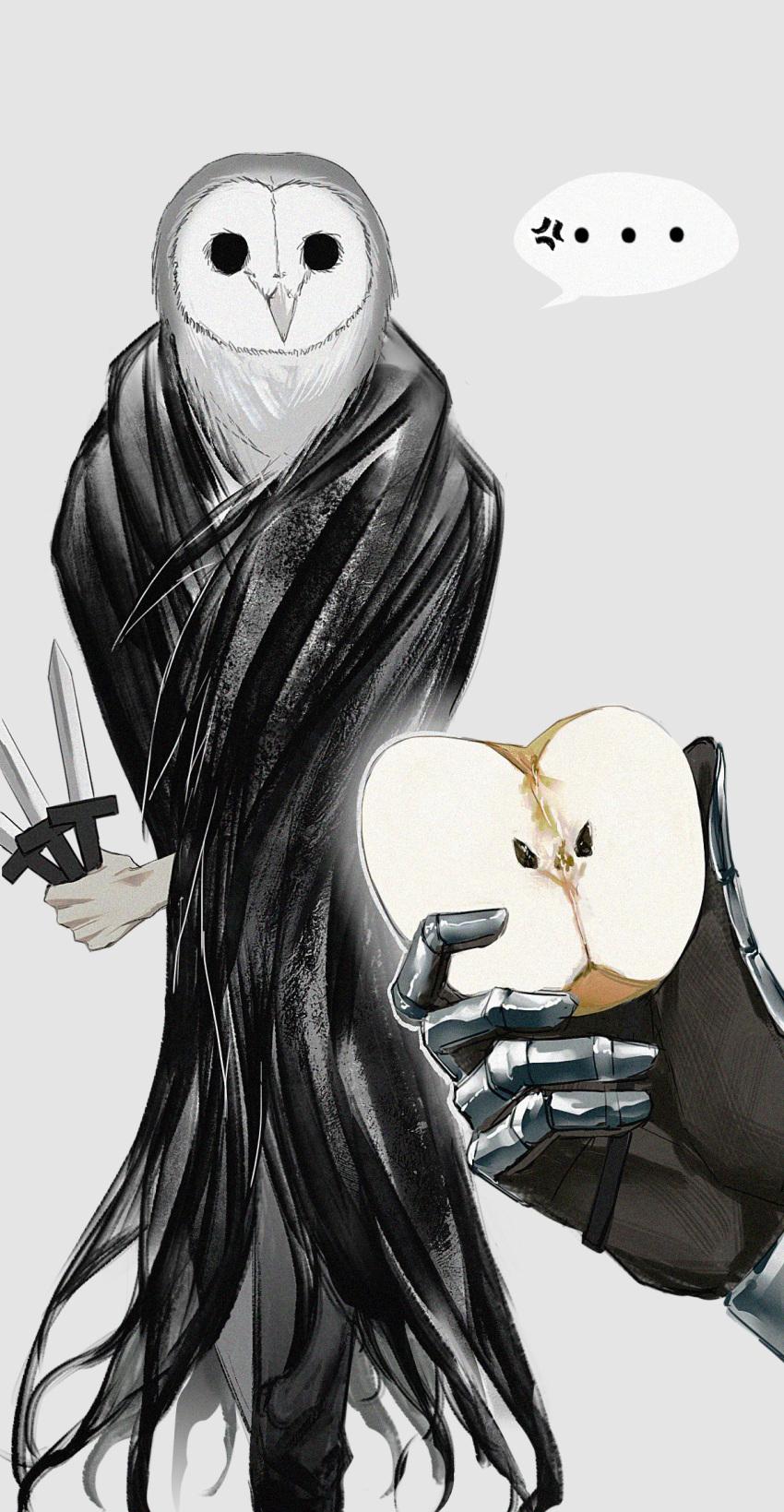 ... 2boys anger_vein apple black_cape black_pants black_souls cape dagger empty_eyes food fruit full_body grimm_(black_souls) highres holding holding_dagger holding_knife holding_weapon knife looking_at_viewer lorde_(black_souls) multiple_boys pants pov pov_hands simple_background sio2_(whynotkarma) spoken_anger_vein spoken_ellipsis weapon white_background