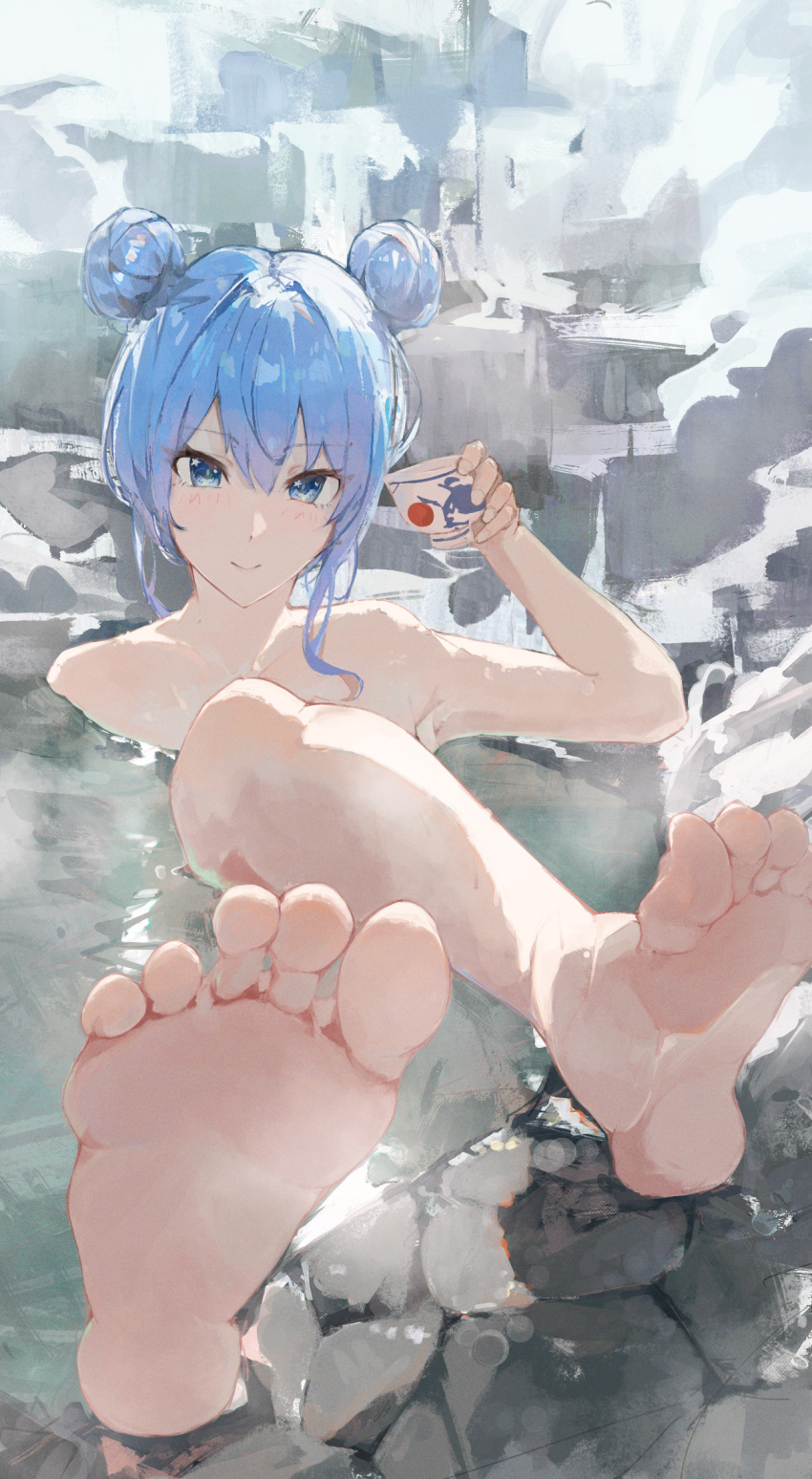 1girl alternate_hairstyle arm_up armpits barefoot bathing blue_eyes blue_hair closed_mouth collarbone completely_nude cup double_bun eyelashes feet feet_up foot_focus foreshortening hair_between_eyes hair_bun highres holding holding_cup hololive hoshimachi_suisei long_hair looking_at_viewer nude onsen partially_submerged sidelocks smile soles solo star_(symbol) star_in_eye steam symbol_in_eye toenails toes virgo76612871 virtual_youtuber water