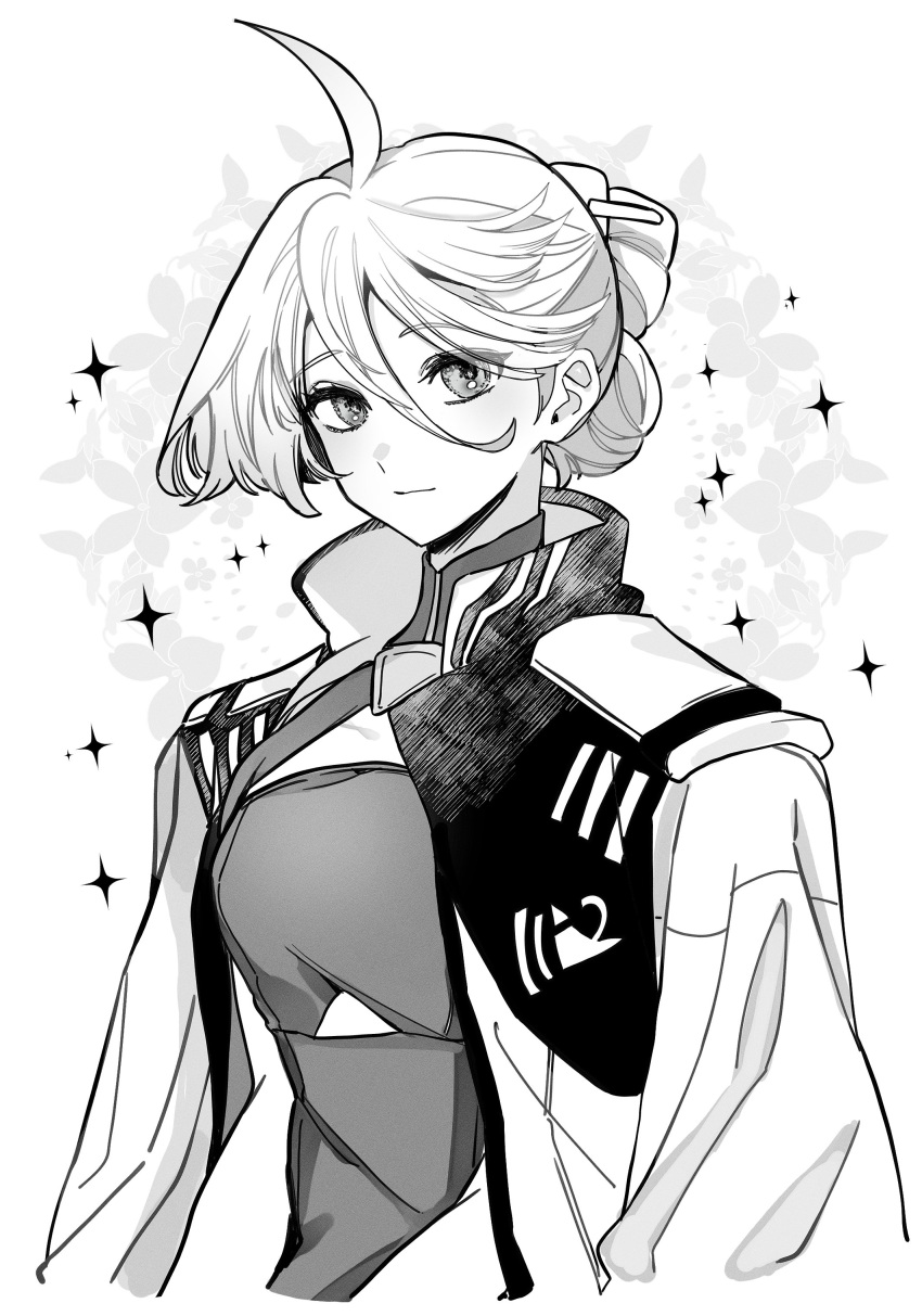 1girl absurdres ahoge closed_mouth dress emblem formal gundam gundam_suisei_no_majo hair_between_eyes hair_up highres jacket jacket_on_shoulders looking_at_viewer miorine_rembran monochrome myong8_0 official_alternate_costume official_alternate_hairstyle shoulder_pads simple_background solo sparkle upper_body