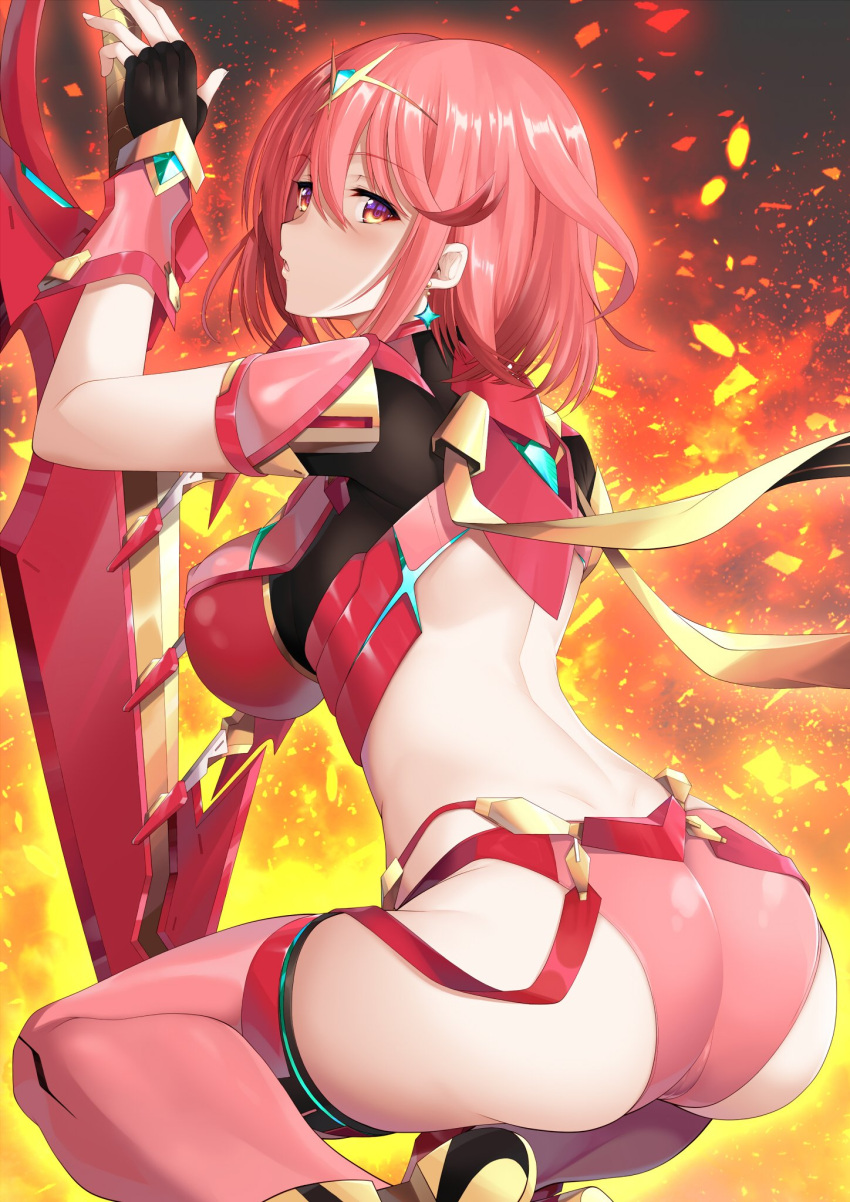 1girl ass back black_gloves breasts covered_nipples daive embers fingerless_gloves from_behind gloves hair_between_eyes highres large_breasts looking_at_viewer looking_back medium_hair orange_eyes panties pink_panties pink_thighhighs puckered_lips pyra_(xenoblade) sideboob sitting solo swept_bangs thighhighs tiara underwear weapon xenoblade_chronicles_(series) xenoblade_chronicles_2