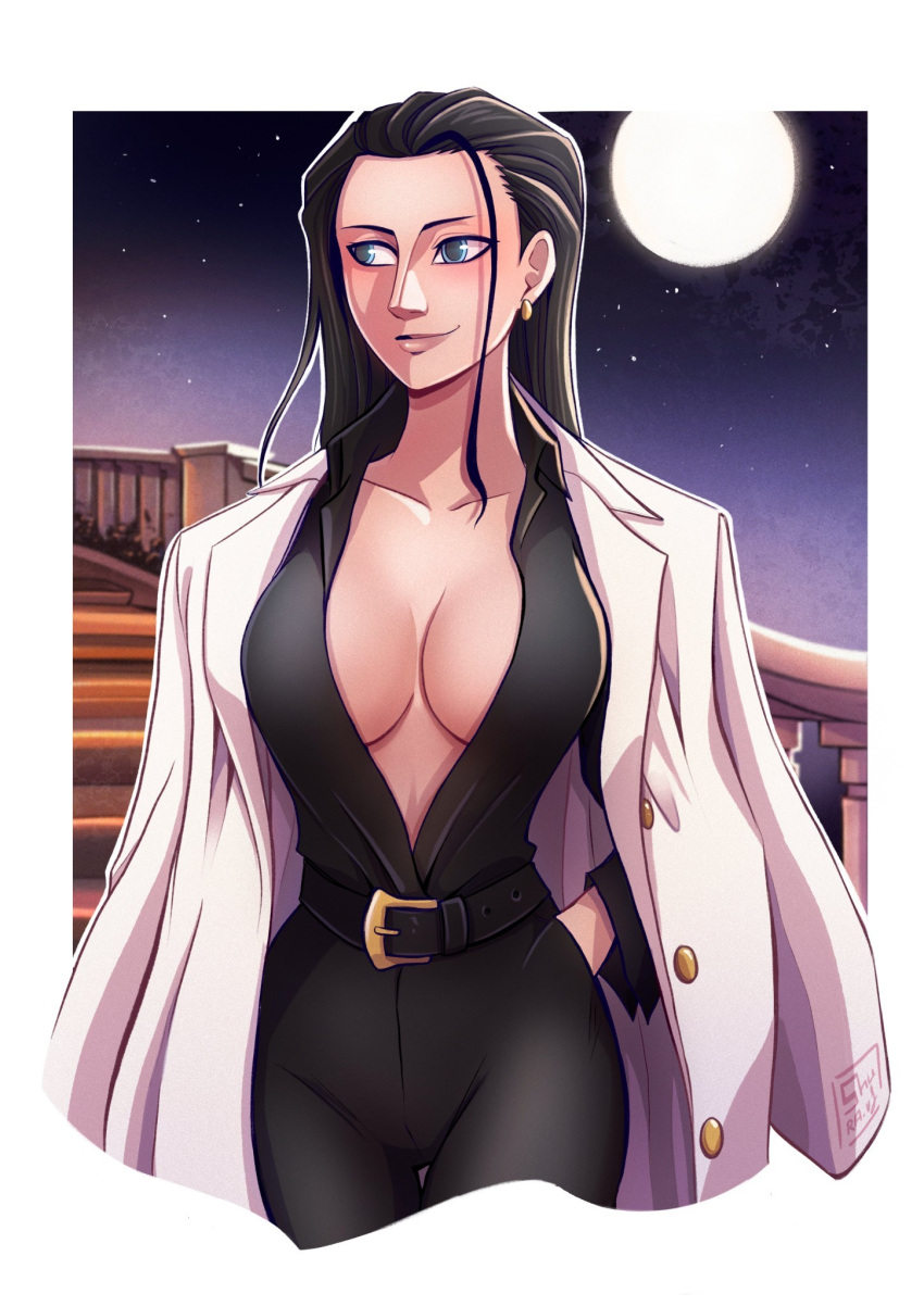 1girl belt black_hair black_pants black_shirt blue_eyes breasts coat coat_on_shoulders earrings english_commentary hair_slicked_back hand_in_pocket highres jewelry long_hair looking_to_the_side moon nico_robin night night_sky one_piece pants plunging_neckline shirt shuravf sidelocks sky smile solo stairs